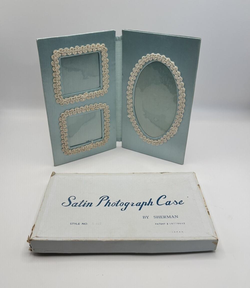 Vintage Sherman Baby Blue Satin Photo Case MCM JAPAN Original Box. 50s~60s.